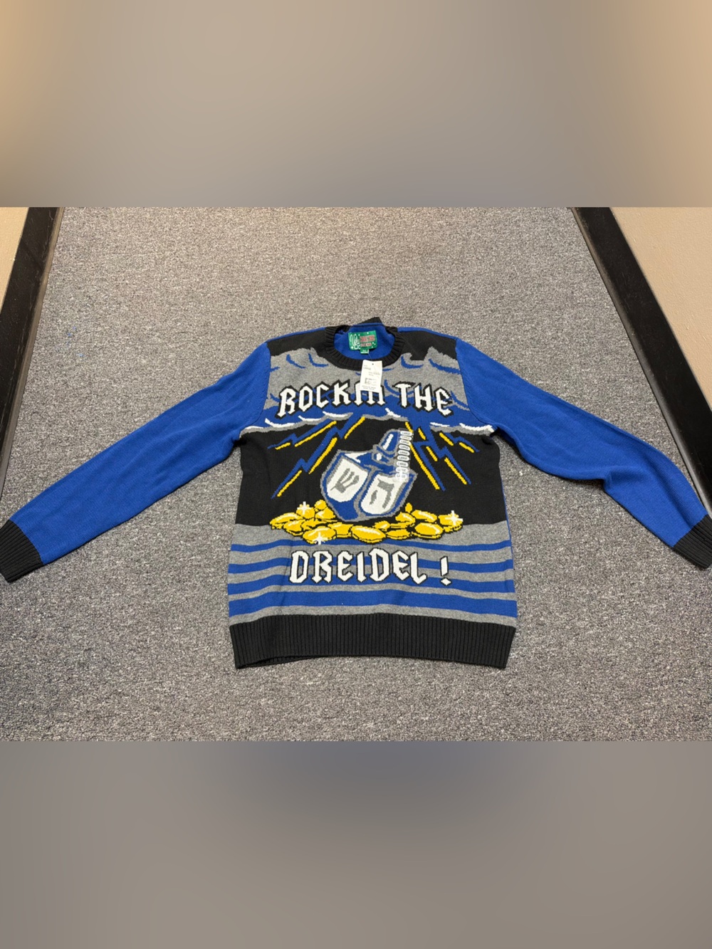 Ugly Sweater Hanukkah Rockin' The Dreidel! Crewneck Blue/Gray/Black adult Large